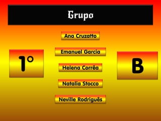 Grupo
Ana Cruzatto
Emanuel Garcia
Helena Corrêa
Natalia Stocco
Neville Rodriguês
1° B
 