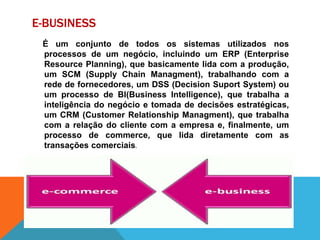 E-BUSINESS
É um conjunto de todos os sistemas utilizados nos
processos de um negócio, incluindo um ERP (Enterprise
Resource Planning), que basicamente lida com a produção,
um SCM (Supply Chain Managment), trabalhando com a
rede de fornecedores, um DSS (Decision Suport System) ou
um processo de BI(Business Intelligence), que trabalha a
inteligência do negócio e tomada de decisões estratégicas,
um CRM (Customer Relationship Managment), que trabalha
com a relação do cliente com a empresa e, finalmente, um
processo de commerce, que lida diretamente com as
transações comerciais.
 