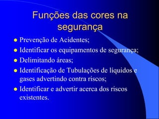 Funções das cores na
segurança
 Prevenção de Acidentes;
 Identificar os equipamentos de segurança;
 Delimitando áreas;
 Identificação de Tubulações de líquidos e
gases advertindo contra riscos;
 Identificar e advertir acerca dos riscos
existentes.
 