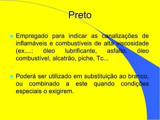 Preto
 Empregado para indicar as canalizações de
inflamáveis e combustíveis de alta viscosidade
(ex....: óleo lubrificante, asfalto, óleo
combustível, alcatrão, piche, Tc...
 Poderá ser utilizado em substituição ao branco,
ou combinado a este quando condições
especiais o exigirem.
 