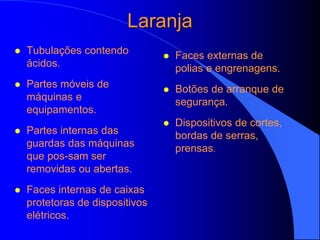 Laranja
 Tubulações contendo
ácidos.
 Partes móveis de
máquinas e
equipamentos.
 Partes internas das
guardas das máquinas
que pos-sam ser
removidas ou abertas.
 Faces internas de caixas
protetoras de dispositivos
elétricos.
 Faces externas de
polias e engrenagens.
 Botões de arranque de
segurança.
 Dispositivos de cortes,
bordas de serras,
prensas.
 