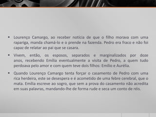  Lourenço Camargo, ao receber notícia de que o filho morava com uma
  rapariga, manda chamá-lo e o prende na fazenda. Pedro era fraco e não foi
  capaz de relatar ao pai que se casara.
 Vivem, então, os esposos, separados e marginalizados por doze
  anos, recebendo Emília eventualmente a visita de Pedro, a quem tudo
  perdoava pelo amor e com quem teve dois filhos: Emílio e Aurélia.
 Quando Lourenço Camargo tenta forçar o casamento de Pedro com uma
  rica herdeira, este se desespera e é acometido de uma febre cerebral, que o
  mata. Emília escreve ao sogro, que sem a prova do casamento não acredita
  em suas palavras, mandando-lhe de forma rude e seca um conto de réis.
 