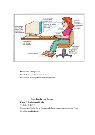 Referencias bibliográficas:
Site: Wikipedia, a enciclopédia livre
Site; Abergo, associação brasileira de ergonomia
E.t.e.c Rosa Perrone Scavone
Curso técnico de administração
Trabalho de L.T. T
Nomes: Ana Maria, Carla, Geisilaine, Isabela, Luara, Lucas,Marcela e Paulo
N°s.:3,7,16,18,20,21,25,30
 