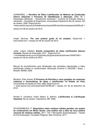 67
GUIMARÃES, J. Rerrefino de Óleos Lubrificantes de Motores de Combustão
Interna utilizando o Processo de Ultrafiltração e Adsorção. 2006, 95 f.
Dissertação (Mestrado – Saneamento Ambiental – Controle da Poluição Urbana e
Industrial) – Faculdade de Engenharia, Universidade Estadual do Rio de Janeiro. Rio
de Janeiro, 2006. Disponível em:
<www.peamb.eng.uerj.br/trabalhosconclusao/2006/JairoGuimaraespeamb2006.pdf >
acesso em 08 de outubro de 2012.
Insight Services, The new pratical guide of oil analysis, Disponível: <
www.testoil.com > acesso em 08 de outubro de 2012.
Julião, Juliano Caldeira, Estudo comparativo de óleos lubrificantes básicos
minerais, Revista da Graduação, 2011. Disponível em:
< revistaseletronicas.pucrs.br/ojs/index.php/graduacao/article/view/10048/7084 >
acesso em 08 de outubro de 2012.
Manual de procedimentos para fiscalização das atividades relacionadas a óleos
lubrificantes usados ou contaminados: Resolução Conama nº 362/2005 / Diqua. –
Brasília: IBAMA, 2008.
Monteiro, Éder Amaral, O Processo de Rerrefino e seus gargalos em empresas
coletoras e fornecedoras de óleos e lubrificantes no Estado do Pará,
Universidade do Estado do Pará, 2009. Disponível em:
< www.casnav.mar.mil.br/spolm/pdf/102789.pdf > acesso em 29 de Setembro de
2012.
Ronald P. Carreterio; Pedro Nelson A. Belmiro, Lubrificantes & Lubrificação
Industrial. Rio de Janeiro: Interciência: IBP, 2006.
STUCKENBRUCK, P. Diagnóstico sobre resíduos sólidos gerados nos postos
de combustíveis em Minas Gerais: uma análise sob a ótica da nova política
nacional de resíduos sólidos. 2011, 124 f. Monografia (Especialização) – Núcleo
de Pós-Graduação, Faculdade Pitágoras. Belo Horizonte, 2011.
 