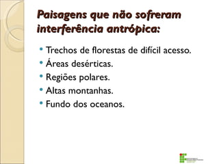 Paisagens que não sofreram
interferência antrópica:
 Trechos de florestas de difícil acesso.
 Áreas desérticas.
 Regiões polares.
 Altas montanhas.
 Fundo dos oceanos.
 