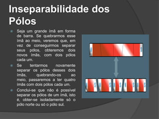 Inseparabilidade dos
Pólos
 Seja um grande ímã em forma
  de barra. Se quebrarmos esse
  ímã ao meio, veremos que, em
  vez de conseguirmos separar
  seus pólos, obteremos dois
  novos ímãs, com dois pólos
  cada um.
 Se     tentarmos      novamente
  separar os pólos desses dois
  ímãs,      quebrando-os      ao
  meio, passaremos a ter quatro
  ímãs com dois pólos cada um.
 Conclui-se que não é possível
  separar os pólos de um ímã, isto
  é, obter-se isoladamente só o
  pólo norte ou só o pólo sul.
 