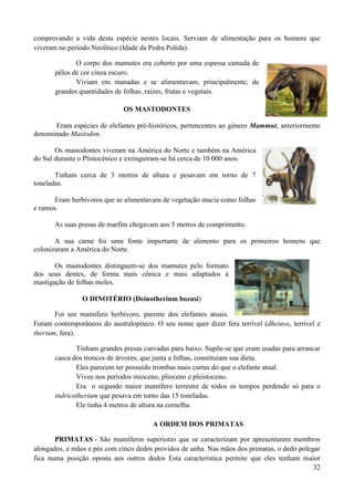 comprovando a vida desta espécie nestes locais. Serviam de alimentação para os homens que
viveram no período Neolítico (Idade da Pedra Polida).

              O corpo dos mamutes era coberto por uma espessa camada de
       pêlos de cor cinza escuro.
              Viviam em manadas e se alimentavam, principalmente, de
       grandes quantidades de folhas, raízes, frutas e vegetais.

                              OS MASTODONTES

      Eram espécies de elefantes pré-históricos, pertencentes ao género Mammut, anteriormente
denominado Mastodon.

       Os mastodontes viveram na América do Norte e também na América
do Sul durante o Plistocénico e extinguiram-se há cerca de 10 000 anos.

       Tinham cerca de 3 metros de altura e pesavam em torno de 7
toneladas.

       Eram herbívoros que se alimentavam de vegetação macia como folhas
e ramos.

       As suas presas de marfim chegavam aos 5 metros de comprimento.

       A sua carne foi uma fonte importante de alimento para os primeiros homens que
colonizaram a América do Norte.

       Os mastodontes distinguem-se dos mamutes pelo formato
dos seus dentes, de forma mais cônica e mais adaptados à
mastigação de folhas moles.

                O DINOTÉRIO (Deinotherium bozasi)

       Foi um mamífero herbívoro, parente dos elefantes atuais.
Foram contemporâneos do australopiteco. O seu nome quer dizer fera terrível (dheinos, terrível e
therium, fera).

              Tinham grandes presas curvadas para baixo. Supõe-se que eram usadas para arrancar
       casca dos troncos de árvores, que junta a folhas, constituíam sua dieta.
              Eles parecem ter possuído trombas mais curtas do que o elefante atual.
              Viveu nos períodos mioceno, plioceno e pleistoceno.
              Era o segundo maior mamífero terrestre de todos os tempos perdendo só para o
       indricotherium que pesava em torno das 15 toneladas.
              Ele tinha 4 metros de altura na cernelha.

                                       A ORDEM DOS PRIMATAS

       PRIMATAS - São mamíferos superiores que se caracterizam por apresentarem membros
alongados, e mãos e pés com cinco dedos providos de unha. Nas mãos dos primatas, o dedo polegar
fica numa posição oposta aos outros dedos Esta característica permite que eles tenham maior
                                                                                             32
 