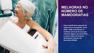 MELHORAS NO
NÚMERO DE
MAMOGRAFIAS
• Houve significativa expansão da
cobertura de mamografia, entre
2003 e 2008 consideradas as
mulheres acima de 25 anos que
referiram alguma vez terem feito
o exame. Dados da Pesquisa
Nacional por Amostra de
Domicílios (PNAD).
 