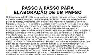 PASSO A PASSO PARA
ELABORAÇÃO DE UM PMFSO
O dono da área de floresta interessado em produzir madeira procura o órgão de
extensão do seu município ou um engenheiro florestal para a elaboração de um
plano de manejo.Juntamente com o técnico ou engenheiro florestal, o dono da
floresta forma uma equipe para a realização do inventário florestal.Com os dados
do inventário florestal o engenheiro florestal elabora o plano de manejo e o plano
operacional anual e protocola no órgão fiscalizador para o processo de
licenciamento.Após a análise do órgão fiscalizador e emissão da licença, o dono da
floresta faz contato com serrarias e movelarias para comercializar a madeira. É
importante dizer que os compradores devem ser licenciados também.Com a
madeira vendida, o dono da floresta contrata uma equipe para abrir as trilhas,
derrubar as árvores e serrar na floresta. Nesse processo o serrador pode usar
motosserras ou serrarias portáteis.Para transportar a madeira até o comprador (que
pode ser de responsabilidade do dono da floresta ou do comprador) é preciso
emitir a nota fiscal e oDocumento de Origem Florestal (DOF). Nessa etapa,
geralmente,é preciso do apoio do engenheiro ou técnico florestal. Após explorada
toda a área o engenheiro florestal realiza um verificação na área para a elaboração
do relatório pós-exploratório e já realiza o inventário florestal na área que será
 