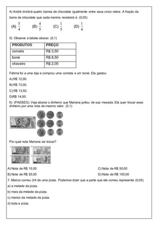 4) André dividirá quatro barras de chocolate igualmente entre seus cinco netos. A fração da
barra de chocolate que cada menino receberá é. (0,05)
5) Observe a tabela abaixo: (0,1)
Fátima foi a uma loja e comprou uma corneta e um boné. Ela gastou
A) R$ 12,00.
B) R$ 13,00.
C) R$ 13,50.
D)R$ 14,00.
6) (PAEBES). Veja abaixo o dinheiro que Mariana juntou de sua mesada. Ela quer trocar esse
dinheiro por uma nota de mesmo valor. (0,1)
Por qual nota Mariana vai trocar?
A) Nota de R$ 10,00
B) Nota de R$ 20,00
C) Nota de R$ 50,00
D) Nota de R$ 100,00
7. Marcio comeu 2/4 de uma pizza. Podemos dizer que a parte que ele comeu representa (0,05)
a) a metade da pizza.
b) mais da metade da pizza.
c) menos da metade da pizza.
d) toda a pizza.
 