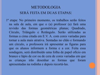 metodologiaserá feita em duas etapas:1ª etapa: No primeiro momento, os trabalhos serão feitos na sala de aula, em que o (a) professor (a) fará uma revisão das formas geométricas planas; Quadrado, Círculo, Triângulo e Retângulo. Serão utilizadas as formas a cima citada em E.V. A. com cores variadas para tornar a aula mais atrativa. Sentadas no chão e formando um círculo, a professora irá apresentar as figuras para que os alunos informem a forma e a cor. Feita essa sondagem, será distribuído uma folha de papel ofício em branco e lápis de cor ou de cera de cores variadas em que as crianças irão desenhar as formas que foram apresentadas na rodinha e depois recortá-las.