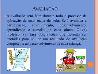 AvaliaçãoA avaliação será feita durante todo o processo da aplicação de cada etapa da aula. Será avaliada a participação, envolvimento, desenvolvimento, aprendizado e atenção de cada aluno. O (a) professor (a) fará observações que deverão ser anotadas para se ter um resultado de avaliação competente ao desenvolvimento de cada criança.