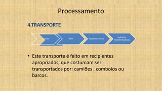 Processamento
4.TRANSPORTE
• Este transporte é feito em recipientes
apropriados, que costumam ser
transportados por: camiões , comboios ou
barcos.
Lavoura Silos Depósitos locais
Indústria
transformadoras
 