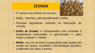 CEVADA
• 4° cereal mais colhido no mundo;
• Grãos – farinhas, café descafeinado e malte;
ingrediente utilizado na fabricação da• Principal
cerveja;
• Grãos de Cevada => armazenados com umidade e
temperatura controladas => germinação => grão
macio e solúvel => Malte;
• Malte: rico em enzimas responsáveis pela quebra do
amido em açúcar, suscetível à fermentação alcoólica,
conferindo cor, sabor e aroma;
 