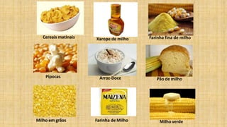 Cereais matinais Xarope de milho
Arroz-DocePipocas
Farinha fina de milho
Pão de milho
Milho em grãos Milho verdeFarinha de Milho
 