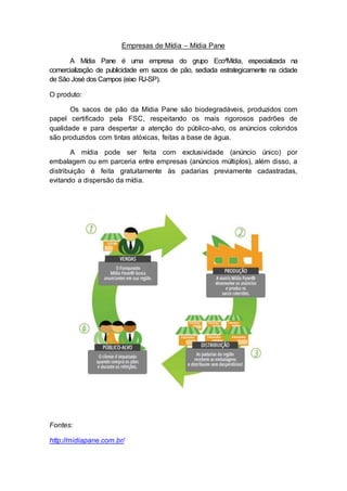 Empresas de Mídia – Mídia Pane
A Mídia Pane é uma empresa do grupo Eco²Mídia, especializada na
comercialização de publicidade em sacos de pão, sediada estrategicamente na cidade
de São José dos Campos (eixo RJ-SP).
O produto:
Os sacos de pão da Mídia Pane são biodegradáveis, produzidos com
papel certificado pela FSC, respeitando os mais rigorosos padrões de
qualidade e para despertar a atenção do público-alvo, os anúncios coloridos
são produzidos com tintas atóxicas, feitas a base de água.
A mídia pode ser feita com exclusividade (anúncio único) por
embalagem ou em parceria entre empresas (anúncios múltiplos), além disso, a
distribuição é feita gratuitamente às padarias previamente cadastradas,
evitando a dispersão da mídia.
Fontes:
http://midiapane.com.br/
 