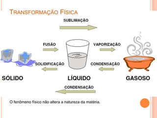 Transformação FísicaO fenômeno físico não altera a natureza da matéria.
