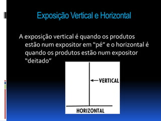 Exposição Vertical e Horizontal 
A exposição vertical é quando os produtos 
estão num expositor em “pé” e 0 horizontal é 
quando os produtos estão num expositor 
“deitado” 
