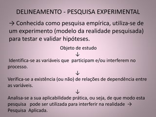 DELINEAMENTO - PESQUISA EXPERIMENTAL 
→ Conhecida como pesquisa empírica, utiliza-se de 
um experimento (modelo da realidade pesquisada) 
para testar e validar hipóteses. 
Objeto de estudo 
↓ 
Identifica-se as variáveis que participam e/ou interferem no 
processo. 
↓ 
Verifica-se a existência (ou não) de relações de dependência entre 
as variáveis. 
↓ 
Analisa-se a sua aplicabilidade prática, ou seja, de que modo esta 
pesquisa pode ser utilizada para interferir na realidade → 
Pesquisa Aplicada. 
 