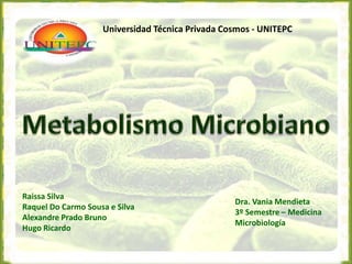 Raissa Silva
Raquel Do Carmo Sousa e Silva
Alexandre Prado Bruno
Hugo Ricardo
Dra. Vania Mendieta
3º Semestre – Medicina
Microbiología
Universidad Técnica Privada Cosmos - UNITEPC
 