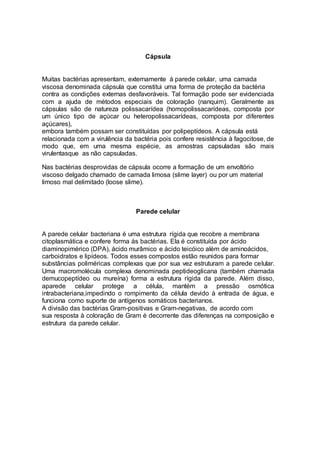 Cápsula 
Muitas bactérias apresentam, externamente à parede celular, uma camada 
viscosa denominada cápsula que constitui uma forma de proteção da bactéria 
contra as condições externas desfavoráveis. Tal formação pode ser evidenciada 
com a ajuda de métodos especiais de coloração (nanquim). Geralmente as 
cápsulas são de natureza polissacarídea (homopolissacarídeas, composta por 
um único tipo de açúcar ou heteropolissacarídeas, composta por diferentes 
açúcares), 
embora também possam ser constituídas por polipeptídeos. A cápsula está 
relacionada com a virulência da bactéria pois confere resistência à fagocitose, de 
modo que, em uma mesma espécie, as amostras capsuladas são mais 
virulentasque as não capsuladas. 
Nas bactérias desprovidas de cápsula ocorre a formação de um envoltório 
viscoso delgado chamado de camada limosa (slime layer) ou por um material 
limoso mal delimitado (loose slime). 
Parede celular 
A parede celular bacteriana é uma estrutura rígida que recobre a membrana 
citoplasmática e confere forma às bactérias. Ela é constituída por ácido 
diaminopimérico (DPA), ácido murâmico e ácido teicóico além de aminoácidos, 
carboidratos e lipídeos. Todos esses compostos estão reunidos para formar 
substâncias poliméricas complexas que por sua vez estruturam a parede celular. 
Uma macromolécula complexa denominada peptideoglicana (também chamada 
demucopeptídeo ou mureína) forma a estrutura rígida da parede. Além disso, 
aparede celular protege a célula, mantém a pressão osmótica 
intrabacteriana,impedindo o rompimento da célula devido à entrada de água, e 
funciona como suporte de antígenos somáticos bacterianos. 
A divisão das bactérias Gram-positivas e Gram-negativas, de acordo com 
sua resposta à coloração de Gram é decorrente das diferenças na composição e 
estrutura da parede celular. 
 
