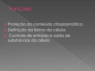  Proteção do conteúdo citoplasmático;
 Definição da forma da célula;
 Controle de entrada e saída de
  substancias da célula
 