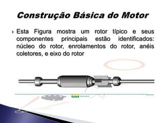    Esta Figura mostra um rotor típico e seus
    componentes principais estão identificados:
    núcleo do rotor, enrolamentos do rotor, anéis
    coletores, e eixo do rotor
 