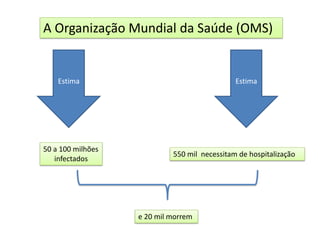 A Organização Mundial da Saúde (OMS)
50 a 100 milhões
infectados
550 mil necessitam de hospitalização
e 20 mil morrem
Estima Estima
 