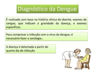 Diagnóstico da Dengue
É realizado com base na história clínica do doente, exames de
sangue, que indicam a gravidade da doença, e exames
específicos.
Para comprovar a infecção com o vírus da dengue, é
necessário fazer a sorologia..
A doença é detectada a partir do
quarto dia de infecção
 