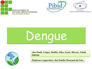 Dengue
Ana Paula, Caique, Duillio, Elias, Luzia, Marcus, Natali,
Sabrina
Professor e supervisor: José Emílio Piovezani da Cruz
 
