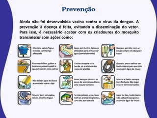 Ainda não foi desenvolvida vacina contra o vírus da dengue. A
prevenção à doença é feita, evitando a disseminação do vetor.
Para isso, é necessário acabar com os criadouros do mosquito
transmissor com ações como:
Manter a caixa d’água
fechada com tampa
adequada
Lavar por dentro, tanques
utilizados para armazenar
água (semanalmente)
Jogar no lixo, todo objeto
não utilizado que possa
acumular água da chuva
Remover folhas, galhos e
tudo que possa impedir a
água de correr pelas calhas
Não deixar água de chuva
acumulada sobre a laje
Manter bem tampados,
tonéis e barris d’água
Encher de areia até a
borda, os pratinhos dos
vasos de plantas
Lavar bem por dentro, os
vasos de plantas aquáticas,
uma vez por semana
Se não colocar areia, lavar
bem os pratos das plantas,
uma vez por semana
Guardar garrafas com as
bocas sempre viradas para
baixo
Guardar pneus velhos em
local coberto para que não
acumulem água da chuva
Manter a lixeira sempre
bem fechada. Não jogar
lixo em terrenos baldios
 