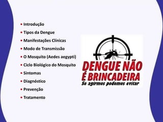 • Introdução
• Tipos da Dengue
• Manifestações Clínicas
• Modo de Transmissão
• O Mosquito (Aedes aegypti)
• Ciclo Biológico do Mosquito
• Sintomas
• Diagnóstico
• Prevenção
• Tratamento
 