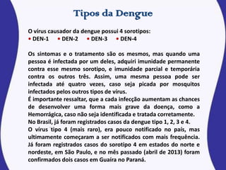 O vírus causador da dengue possui 4 sorotipos:
• DEN-1 • DEN-2 • DEN-3 • DEN-4
Os sintomas e o tratamento são os mesmos, mas quando uma
pessoa é infectada por um deles, adquiri imunidade permanente
contra esse mesmo sorotipo, e imunidade parcial e temporária
contra os outros três. Assim, uma mesma pessoa pode ser
infectada até quatro vezes, caso seja picada por mosquitos
infectados pelos outros tipos de vírus.
É importante ressaltar, que a cada infecção aumentam as chances
de desenvolver uma forma mais grave da doença, como a
Hemorrágica, caso não seja identificada e tratada corretamente.
No Brasil, já foram registrados casos da dengue tipo 1, 2, 3 e 4.
O vírus tipo 4 (mais raro), era pouco notificado no país, mas
ultimamente começaram a ser notificados com mais frequência.
Já foram registrados casos do sorotipo 4 em estados do norte e
nordeste, em São Paulo, e no mês passado (abril de 2013) foram
confirmados dois casos em Guaíra no Paraná.
 