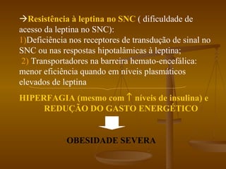  Resistência à leptina no SNC  ( dificuldade de acesso da leptina no SNC):  1) Deficiência nos receptores de transdução de sinal no SNC ou nas respostas hipotalâmicas à leptina;  2)  Transportadores na barreira hemato-encefálica: menor eficiência quando em níveis plasmáticos elevados de leptina  HIPERFAGIA (mesmo com    níveis de insulina) e   REDUÇÃO DO GASTO ENERGÉTICO     OBESIDADE SEVERA   