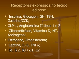 Receptores expressos no tecido adiposo Insulina, Glucagon, GH, TSH, Gastrina/CCK; GLP-1, Angiotensina II tipos 1 e 2 Glicocorticóide, Vitamina D, HT, Andrógeno; Estrógeno, Progesterona; Leptina, IL-6, TNF  ; ß 1,  ß  2,  ß 3 /   1,   2  