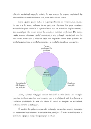 educativa escolarizada depende também de seus agentes, do preparo profissional dos
educadores e das suas condições de vida, assim como das dos alunos.
Nesse aspecto, quanto melhor o preparo profissional do professor, sua condição
de vida e a do aluno, melhores são os processos educativos dos quais participam.
Raciocinando pelos extremos, se o professor não tiver um mínimo de preparo docente, a
ação pedagógica não ocorre, apesar das condições materiais satisfatórias. Do mesmo
modo, sem um mínimo de condições materiais, a ação pedagógica escolarizada também
não ocorre, mesmo que o professor esteja bem preparado. Fazem parte, portanto, das
condições pedagógicas as condições materiais e as condições de ação de seus agentes.
Assim, a prática pedagógica escolar transcorre na inter-relação das condições
materiais, conforme descritas anteriormente, com as condições de vida dos alunos e as
condições profissionais de seus educadores. E, dentro da categoria de educadores,
incluímos também os pedagogos.
O trabalho dos pedagogos, sua ação pedagógica nas escolas, acontece justamente
no movimento inter-relacional dessas diferentes condições. É nesse movimento que se
constitui o espaço de atuação dos pedagogos escolares.
Preparo
profissional do
professor
Condições
materiais
Condições de
vida do aluno e
do professor
Prática
pedagógica
 
