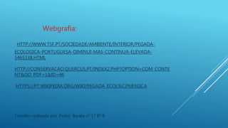 HTTP://WWW.TSF.PT/SOCIEDADE/AMBIENTE/INTERIOR/PEGADA-
ECOLOGICA-PORTUGUESA-DIMINUI-MAS-CONTINUA-ELEVADA-
5465338.HTML
HTTP://CONSERVACAO.QUERCUS.PT/INDEX2.PHP?OPTION=COM_CONTE
NT&DO_PDF=1&ID=46
HTTPS://PT.WIKIPEDIA.ORG/WIKI/PEGADA_ECOL%C3%B3GICA
Webgrafia:
Trabalho realizado por Pedro Barata nº 17 8º B
 