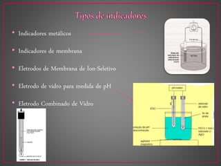 • Indicadores metálicos
• Indicadores de membrana
• Eletrodos de Membrana de Íon-Seletivo
• Eletrodo de vidro para medida de pH
• Eletrodo Combinado de Vidro
 
