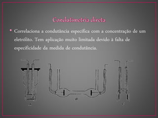 • Correlaciona a condutância específica com a concentração de um
eletrólito. Tem aplicação muito limitada devido à falta de
especificidade da medida de condutância.
 