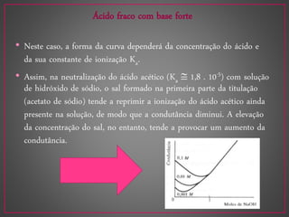 Ácido fraco com base forte
• Neste caso, a forma da curva dependerá da concentração do ácido e
da sua constante de ionização Ka.
• Assim, na neutralização do ácido acético (Ka  1,8 . 10-5) com solução
de hidróxido de sódio, o sal formado na primeira parte da titulação
(acetato de sódio) tende a reprimir a ionização do ácido acético ainda
presente na solução, de modo que a condutância diminui. A elevação
da concentração do sal, no entanto, tende a provocar um aumento da
condutância.
 