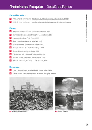 Trabalho de Pesquisa – Dossiê de Fontes
21
VivaaHistória!9.ºanoTrabalhodePesquisa
Para saber mais…
1 Hitler, uma vida em imagens – http://www.dn.pt/Inicio/interior.aspx?content_id=2176989
2 A vida de Hitler em imagens – http://jornalggn.com.br/noticia/a-vida-de-hitler-em-imagens
Filmes:
1 A Rapariga que Roubava Livros. Direção Brian Percival. 2013
2 Guardiões do Céu. Direção de Chistopher-Lee dos Santos. 2013
3 Imperador. Direção de Peter Weber. 2012
4 Rumo à Liberdade. Direção de Peter Weir. 2010
5 O Discursos do Rei. Direção de Tom Hooper. 2010
6 Operação Valquíria. Direção de Bryan Singer. 2008
7 O Leitor. Direção de Stephen Daldry. 2008
8 Cartas de Iwo Jima. Direção de Clint Eastwood. 2006
9 O Grande Ditador, Direção de Charlie Chaplin, 1940
10 O Triunfo da Vontade, Direção de Leni Riefenstahl, 1935
Romances:
1 Littell, Jonathan (2007). As Benevolentes. Lisboa: Dom Quixote.
2 Zimler, Richard (2009). Os Anagramas de Varsóvia. Alfragide: Oceanos
1 Destruição de Hiroxima 2 Bomba Atómica
 