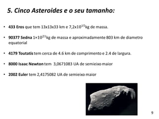 5. Cinco Asteroides e o seu tamanho:

9

 