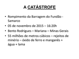A CATÁSTROFE
• Rompimento da Barragem do Fundão -
Samarco
• 05 de novembro de 2015 – 16:20h
• Bento Rodrigues – Mariana – Minas Gerais
• 55 milhões de metros cúbicos – rejeitos de
minério – óxido de ferro e manganês +
água + lama
 