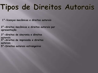 1°-licenças mecânicas e direitos autorais
2°-direitos mecânicos e direitos autorais por
apresentação
3°-direitos de sincronia e direitos
autorais
4°-direitos de impressão e direitos
autorais -
5°-Direitos autorais estrangeiros
 