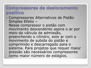 Compressores de deslocamento
positivo


Compressores Alternativos de Pistão
Simples Efeito –
Nesse compressor o pistão com
movimento descendente aspira o ar por
meio da válvula de admissão,
preenchendo o cilindro, este ar com o
movimento de subida do pistão e
comprimido e descarregado para o
sistema. Para projetos que requer maior
pressão são necessários compressores
como maior número de estágios.

 