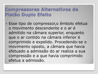Compressores Alternativos de
Pistão Duplo Efeito


Esse tipo de compressor,o êmbolo efetua
o movimento descendente e o ar é
admitido na câmara superior, enquanto
que o ar contido na câmara inferior é
comprimido e expelido. Procedendo-se o
movimento oposto, a câmara que havia
efetuado a admissão do ar realiza a sua
compressão e a que havia comprimido
efetua a admissão.

 