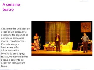 A cena no
teatro
Cada uma das unidades de
ações de uma peça,cuja
divisão se faz segundo as
entradas e saidas dos
atores : cena francesa .
Consiste sempre
basicamente de:
início,meio e fim .
Divisão do ato da peça
teatral,momento de uma
peça.É o conjunto de
ações em torno de um
tema.
 