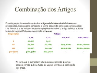 Combinação dos Artigos
Preposições Artigos
o, os a, as um, uns uma, umas
a ao, aos à, às - -
de do, dos da, das dum, duns duma, dumas
em no, nos na, nas num, nuns numa, numas
por (per) pelo, pelos pela, pelas - -
É muito presente a combinação dos artigos definidos e indefinidos com
preposições. Este quadro apresenta a forma assumida por essas combinações:
- As formas à e às indicam a fusão da preposição a com o artigo definido a. Essa
fusão de vogais idênticas é conhecida por crase.
As formas à e às indicam a fusão da preposição a com o
artigo definido a. Essa fusão de vogais idênticas é conhecida
por crase.
 