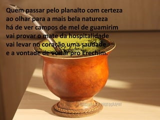 Quem passar pelo planalto com certeza
ao olhar para a mais bela natureza
há de ver campos de mel de guamirim
vai provar o mate da hospitalidade
vai levar no coração uma saudade
e a vontade de voltar pro Erechim.
 