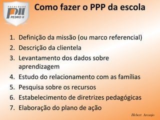 Como fazer o PPP da escola
1. Definição da missão (ou marco referencial)
2. Descrição da clientela
3. Levantamento dos dados sobre
aprendizagem
4. Estudo do relacionamento com as famílias
5. Pesquisa sobre os recursos
6. Estabelecimento de diretrizes pedagógicas
7. Elaboração do plano de ação
Hebert Arcanjo
 